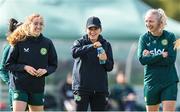 18 September 2023; Katie McCabe with Megan Connolly, left, and Louise Quinn, right, during a Republic of Ireland women training session at the FAI National Training Centre in Abbotstown, Dublin. Photo by Stephen McCarthy/Sportsfile