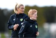 18 September 2023; Interim head coach Eileen Gleeson and interim assistant coach Emma Byrne, left, during a Republic of Ireland women training session at the FAI National Training Centre in Abbotstown, Dublin. Photo by Stephen McCarthy/Sportsfile