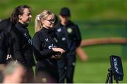 18 September 2023; STATSports analyst Claire Dunne and physiotherapist Angela Kenneally, left, during a Republic of Ireland women training session at the FAI National Training Centre in Abbotstown, Dublin. Photo by Stephen McCarthy/Sportsfile