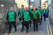 18 September 2023; Usher Celtic players and coaching staff arrive before the Leinster Football Senior Cup Final match between Usher Celtic and Bohemians at Dalymount Park in Dublin. Photo by Sam Barnes/Sportsfile