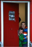 18 September 2023; Usher Celtic supporters Theo Doyle, aged 6, left, and Jackson O'Doherty, aged 9, before the Leinster Football Senior Cup Final match between Usher Celtic and Bohemians at Dalymount Park in Dublin. Photo by Sam Barnes/Sportsfile