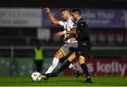 18 September 2023; John O’Sullivan of Bohemians in action against Jordan Buckley of Usher Celtic during the Leinster Football Senior Cup Final match between Usher Celtic and Bohemians at Dalymount Park in Dublin. Photo by Sam Barnes/Sportsfile