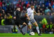 18 September 2023; John O’Sullivan of Bohemians in action against Jordan Buckley of Usher Celtic during the Leinster Football Senior Cup Final match between Usher Celtic and Bohemians at Dalymount Park in Dublin. Photo by Sam Barnes/Sportsfile