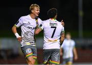 18 September 2023; Declan McDaid of Bohemians, 7, celebrates with team-mate Kris Twardek after scoring his side's second goal during the Leinster Football Senior Cup Final match between Usher Celtic and Bohemians at Dalymount Park in Dublin. Photo by Sam Barnes/Sportsfile
