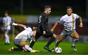 18 September 2023; Jordan Buckley of Usher Celtic in action against Kris Twardek, left, and Declan McDaid of Bohemians during the Leinster Football Senior Cup Final match between Usher Celtic and Bohemians at Dalymount Park in Dublin. Photo by Sam Barnes/Sportsfile