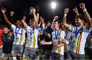 18 September 2023; Cian Byrne of Bohemians lifts the cup and celebrates with team-mates after his side's victory in the Leinster Football Senior Cup Final match between Usher Celtic and Bohemians at Dalymount Park in Dublin. Photo by Sam Barnes/Sportsfile