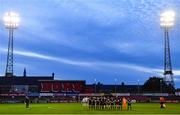 18 September 2023; Players and officials observe a moments silence in memory of the late Tony O'Rourke before the Leinster Football Senior Cup Final match between Usher Celtic and Bohemians at Dalymount Park in Dublin. Photo by Sam Barnes/Sportsfile