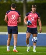 19 September 2023; Jack Crowley, right, and Ross Byrne during an Ireland rugby squad training session at Complexe de la Chambrerie in Tours, France. Photo by Brendan Moran/Sportsfile