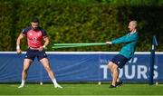 19 September 2023; Robbie Henshaw with head of physiotherapy Phil Glasgow during an Ireland rugby squad training session at Complexe de la Chambrerie in Tours, France. Photo by Brendan Moran/Sportsfile