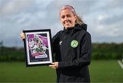 19 September 2023; Ireland Women’s National Team player Denise O'Sullivan with their commemorative collage by SSE Airtricity at the FAI National Training Centre in Abbotstown, Dublin. Photo by Stephen McCarthy/Sportsfile