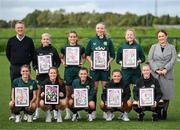 19 September 2023; SSE Airtricity marketing specialist Ruth Rapple and FAI chief executive officer Jonathan Hill with Ireland Women’s National Team players, back row, from left, Denise O'Sullivan, Chloe Mustaki, Louise Quinn and Amber Barrett, with, front row, Jamie Finn, Heather Payne, Abbie Larkin, Katie McCabe and Claire O'Riordan with their commemorative collages by SSE Airtricity at the FAI National Training Centre in Abbotstown, Dublin. Photo by Stephen McCarthy/Sportsfile