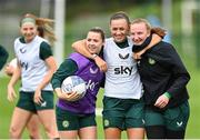 19 September 2023; Players, from left, Emily Whelan, Katie McCabe and Courtney Brosnan during a Republic of Ireland women training session at the FAI National Training Centre in Abbotstown, Dublin. Photo by Stephen McCarthy/Sportsfile