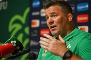 19 September 2023; National scrum coach John Fogarty during an Ireland rugby media conference at Complexe de la Chambrerie in Tours, France. Photo by Brendan Moran/Sportsfile