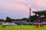 15 September 2023; Players and officials stand for a minutes applause before the Sports Direct Men’s FAI Cup quarter-final match between Galway United and Dundalk at Eamonn Deacy Park in Galway. Photo by Ben McShane/Sportsfile