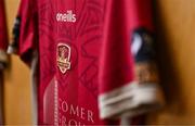 15 September 2023; A detailed view of a Galway jersey in the dressing room before the Sports Direct Men’s FAI Cup quarter-final match between Galway United and Dundalk at Eamonn Deacy Park in Galway. Photo by Ben McShane/Sportsfile