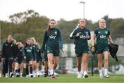 19 September 2023; Players, from left, Tyler Toland, Savannah McCarthy and Denise O'Sullivan during a Republic of Ireland women training session at the FAI National Training Centre in Abbotstown, Dublin. Photo by Stephen McCarthy/Sportsfile