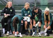 19 September 2023; Players, from left, Courtney Brosnan, Marissa Sheva, Kyra Carusa, Abbie Larkin and Savannah McCarthy during a Republic of Ireland women training session at the FAI National Training Centre in Abbotstown, Dublin. Photo by Stephen McCarthy/Sportsfile