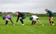 19 September 2023; Players, from left, Emily Whelan, Courtney Brosnan, Tyler Toland and Saoirse Noonan during a Republic of Ireland women training session at the FAI National Training Centre in Abbotstown, Dublin. Photo by Stephen McCarthy/Sportsfile