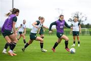 19 September 2023; Emily Whelan and Diane Caldwell, left, during a Republic of Ireland women training session at the FAI National Training Centre in Abbotstown, Dublin. Photo by Stephen McCarthy/Sportsfile