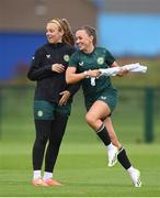 19 September 2023; Katie McCabe and Grace Moloney, left, during a Republic of Ireland women training session at the FAI National Training Centre in Abbotstown, Dublin. Photo by Stephen McCarthy/Sportsfile