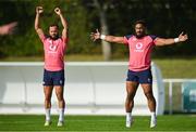 20 September 2023; Bundee Aki, right, and Jamison Gibson-Park during an Ireland rugby squad training session at Complexe de la Chambrerie in Tours, France. Photo by Brendan Moran/Sportsfile