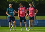 20 September 2023; Defence coach Simon Easterby, left, and Tadhg Beirne and Stuart McCloskey during an Ireland rugby squad training session at Complexe de la Chambrerie in Tours, France. Photo by Brendan Moran/Sportsfile