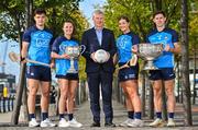 20 September 2023; Dublin stars David Byrne, Kate Sullivan, Eoghan O’Donnell, and Ciara Tierney gather at AIG Ireland Head Office to celebrate the 2023 Season and launch a new campaign celebrating 10 years sponsoring Dublin GAA. Pictured at the Dublin GAA End of Season Event at AIG Head Office in Dublin are, from left, Dublin hurler Eoghan O'Donnell, Dublin ladies footballer Kate Sullivan, AIG Ireland General Manager Aidan Connaughton, Dublin camogie player Ciara Tierney and Dublin footballer Davy Byrne. Photo by Sam Barnes/Sportsfile