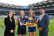 20 September 2023; Dublin goalkeeper Abby Shiels with her 2023 ZuCar Golden Glove Award and Clare star Fidelma Marrinan with the 2023 ZuCar Golden Boot Award with Allyson McCarthy, Group Marketing Manager, Joe Duffy Group, representing ZuCar, and LGFA President Mícheál Naughton at Croke Park in Dublin. Photo by Piaras Ó Mídheach/Sportsfile