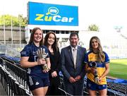 20 September 2023; Dublin goalkeeper Abby Shiels with her 2023 ZuCar Golden Glove Award and Clare star Fidelma Marrinan with the 2023 ZuCar Golden Boot Award with Allyson McCarthy, Group Marketing Manager, Joe Duffy Group, representing ZuCar, and LGFA President Mícheál Naughton at Croke Park in Dublin. Photo by Piaras Ó Mídheach/Sportsfile