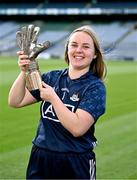 20 September 2023; Dublin goalkeeper Abby Shiels with her 2023 ZuCar Golden Glove Award at Croke Park in Dublin. Abby’s brilliant save to deny Cork’s Daire Kiely in the TG4 All-Ireland Senior Championship semi-final won the popular vote on the Ladies Gaelic Football Association website. Photo by Piaras Ó Mídheach/Sportsfile
