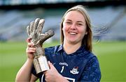 20 September 2023; Dublin goalkeeper Abby Shiels with her 2023 ZuCar Golden Glove Award at Croke Park in Dublin. Abby’s brilliant save to deny Cork’s Daire Kiely in the TG4 All-Ireland Senior Championship semi-final won the popular vote on the Ladies Gaelic Football Association website. Photo by Piaras Ó Mídheach/Sportsfile