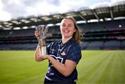 20 September 2023; Dublin goalkeeper Abby Shiels with her 2023 ZuCar Golden Glove Award at Croke Park in Dublin. Abby’s brilliant save to deny Cork’s Daire Kiely in the TG4 All-Ireland Senior Championship semi-final won the popular vote on the Ladies Gaelic Football Association website. Photo by Piaras Ó Mídheach/Sportsfile