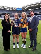 20 September 2023; Dublin goalkeeper Abby Shiels with her 2023 ZuCar Golden Glove Award and Clare star Fidelma Marrinan with the 2023 ZuCar Golden Boot Award with Allyson McCarthy, Group Marketing Manager, Joe Duffy Group, representing ZuCar, and LGFA President Mícheál Naughton at Croke Park in Dublin. Photo by Piaras Ó Mídheach/Sportsfile