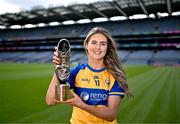 20 September 2023; Clare star Fidelma Marrinan with her 2023 ZuCar Golden Boot Award at Croke Park in Dublin. Fidelma’s tally of 5-38 for the TG4 All-Ireland Intermediate Championship Finalists ensured that the West Clare Gaels player topped the individual scoring charts across the Junior, Intermediate and Senior grades in the All-Ireland series. Photo by Piaras Ó Mídheach/Sportsfile