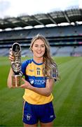 20 September 2023; Clare star Fidelma Marrinan with her 2023 ZuCar Golden Boot Award at Croke Park in Dublin. Fidelma’s tally of 5-38 for the TG4 All-Ireland Intermediate Championship Finalists ensured that the West Clare Gaels player topped the individual scoring charts across the Junior, Intermediate and Senior grades in the All-Ireland series. Photo by Piaras Ó Mídheach/Sportsfile