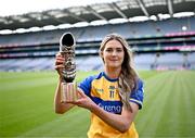20 September 2023; Clare star Fidelma Marrinan with her 2023 ZuCar Golden Boot Award at Croke Park in Dublin. Fidelma’s tally of 5-38 for the TG4 All-Ireland Intermediate Championship Finalists ensured that the West Clare Gaels player topped the individual scoring charts across the Junior, Intermediate and Senior grades in the All-Ireland series. Photo by Piaras Ó Mídheach/Sportsfile