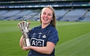 20 September 2023; Dublin goalkeeper Abby Shiels with her 2023 ZuCar Golden Glove Award at Croke Park in Dublin. Abby’s brilliant save to deny Cork’s Daire Kiely in the TG4 All-Ireland Senior Championship semi-final won the popular vote on the Ladies Gaelic Football Association website. Photo by Piaras Ó Mídheach/Sportsfile
