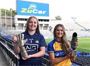 20 September 2023; Dublin goalkeeper Abby Shiels with her 2023 ZuCar Golden Glove Award and Clare star Fidelma Marrinan with the 2023 ZuCar Golden Boot Award at Croke Park in Dublin. Photo by Piaras Ó Mídheach/Sportsfile
