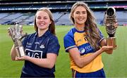 20 September 2023; Dublin goalkeeper Abby Shiels with her 2023 ZuCar Golden Glove Award and Clare star Fidelma Marrinan with the 2023 ZuCar Golden Boot Award at Croke Park in Dublin. Photo by Piaras Ó Mídheach/Sportsfile
