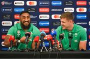 20 September 2023; Bundee Aki, left, and Garry Ringrose during an Ireland rugby media conference at the Paxton Spa Hotel Paris in Paris, France. Photo by Brendan Moran/Sportsfile