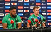 20 September 2023; Bundee Aki, left, and Garry Ringrose during an Ireland rugby media conference at the Paxton Spa Hotel Paris in Paris, France. Photo by Brendan Moran/Sportsfile