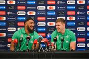 20 September 2023; Bundee Aki, left, and Garry Ringrose during an Ireland rugby media conference at the Paxton Spa Hotel Paris in Paris, France. Photo by Brendan Moran/Sportsfile