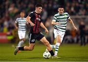 1 September 2023; James Clarke of Bohemians in action against Gary O'Neill of Shamrock Rovers during the SSE Airtricity Men's Premier Division match between Shamrock Rovers and Bohemians at Tallaght Stadium in Dublin. Photo by Stephen McCarthy/Sportsfile
