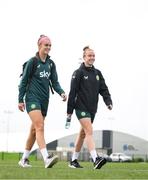 19 September 2023; Caitlin Hayes and Claire O'Riordan during a Republic of Ireland women training session at the FAI National Training Centre in Abbotstown, Dublin. Photo by Stephen McCarthy/Sportsfile