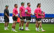 22 September 2023; South Africa head coach Jacques Nienaber, left, with forwards Jasper Wiese, Eben Etzebeth, Jean Kleyn and Franco Mostert during the South Africa rugby squad captain's run at the Stade de France in Saint Denis, Paris, France. Photo by Brendan Moran/Sportsfile