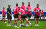 22 September 2023; South Africa head coach Jacques Nienaber, left, with forwards Eben Etzebeth, Jean Kleyn and Frans Malherbe during the South Africa rugby squad captain's run at the Stade de France in Saint Denis, Paris, France. Photo by Brendan Moran/Sportsfile