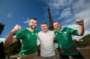 22 September 2023; Ireland supporters, from left, Ryan Eastwood, David McClean and Nick Gregg from Lisburn in Antrim at the Eiffel Tower in Paris, France, ahead of Ireland's Rugby World Cup 2023 game against South Africa. Photo by Ramsey Cardy/Sportsfile