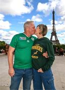 22 September 2023; Ireland supporters Will Clarke, left, from Antrim Town in Antrim and Elize Lessing from Cape Town in South Africa at the Eiffel Tower in Paris, France, ahead of Ireland's Rugby World Cup 2023 game against South Africa. Photo by Harry Murphy/Sportsfile