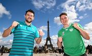 22 September 2023; Ireland supporters Robbie Culliton, left, and Will Jennings from Kildare at the Eiffel Tower in Paris, France, ahead of Ireland's Rugby World Cup 2023 game against South Africa. Photo by Harry Murphy/Sportsfile