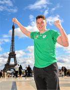 22 September 2023; Ireland supporter Will Jennings from Kildare at the Eiffel Tower in Paris, France, ahead of Ireland's Rugby World Cup 2023 game against South Africa. Photo by Harry Murphy/Sportsfile